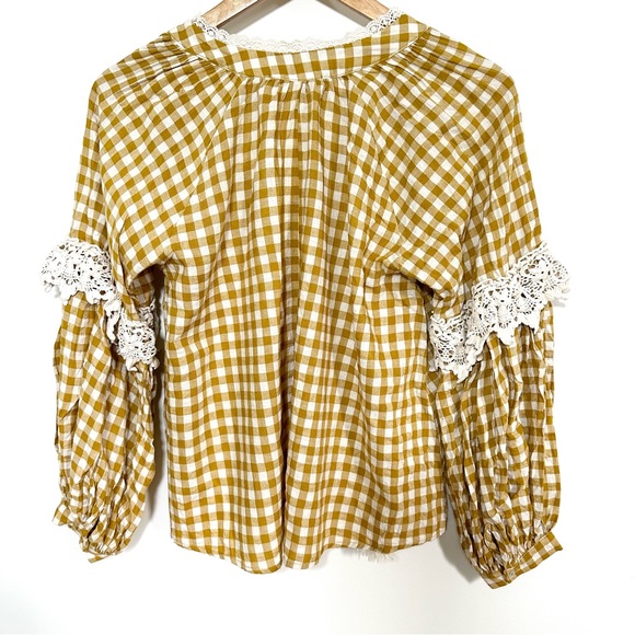 Anthropologie Everleigh Mustard Gingham Peasant Blouse Size XXS Petite Flowy - Picture 4 of 7
